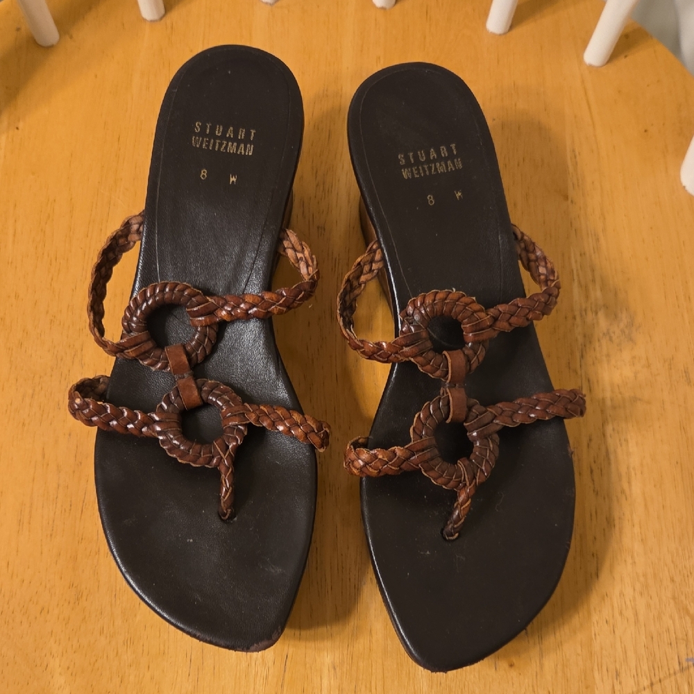 Stuart Weitzman Brown and Black Braided Sandals